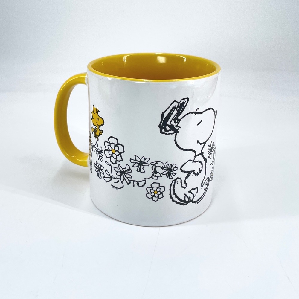 Peanuts Snoopy Woodstock Floral Coffee Mug Yellow Interior 2020 Ceramic 16 oz